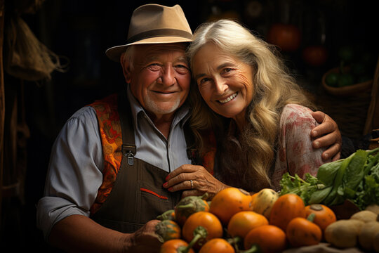 Portrait of an elderly couple in the garden with a harvest of vegetables,.   - Powered by Adobe