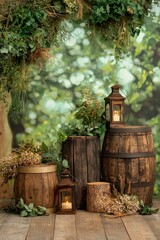 Rustic farm wedding backdrop with wooden barrels and lanterns