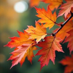 Orange oak leaves entwined with twigs on a wooden branch, fall, color