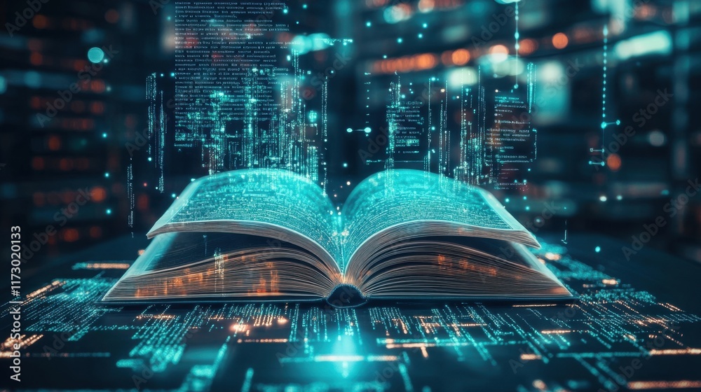 Poster open book with digital data and light effects on modern background