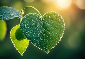 Close-up view of heart-shaped green leaf with water droplets in sunlight