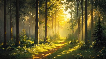 Obraz premium A wide shot of a lush forest bathed in soft golden light, with tall trees casting long shadows on the forest floor