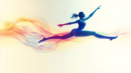 Dynamic female gymnast leaping through vibrant, colorful trails.