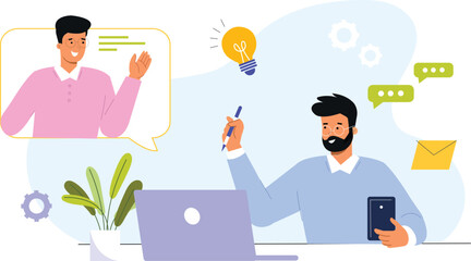 An interactive online learning illustration featuring an engaging virtual class setup, with students participating in a live session via laptops and tablets, digital whiteboards