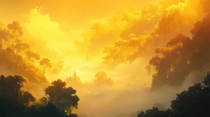Fototapeta premium A breathtaking view of a golden-lit forest with soft mist clinging to the trees, creating a dreamlike landscape