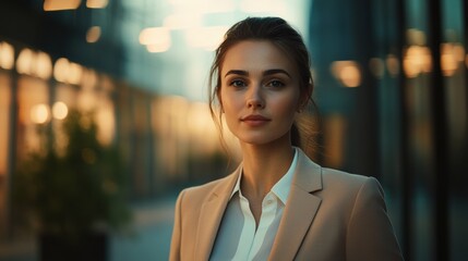 Obraz premium A casual businesswoman wearing smart-casual attire, illuminated by soft light, standing confidently in a contemporary office space