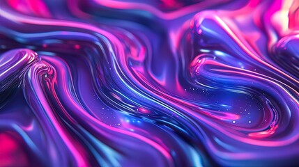 Obraz premium Abstract iridescent liquid swirls in vibrant pink, purple, and blue hues with glowing particles.