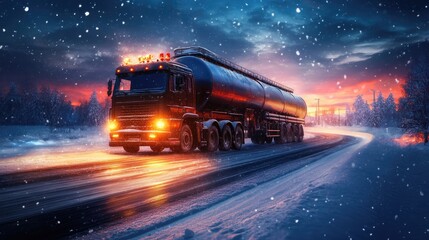 Happy milk tank truck driver on a luminous wintery night journey