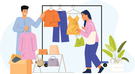 A vibrant fashion market illustration, showcasing stylish outfits on display, with shoppers browsing through trendy clothing racks, vibrant colors, and fashionable accessories