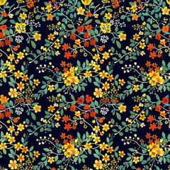 Vibrant floral seamless pattern featuring colorful flowers and leaves on a dark background, copy space
