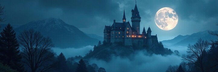 The castle's facade shrouded in mist and moonlight, eerie,