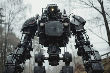 A robot with a yellow light on its head stands in a forest