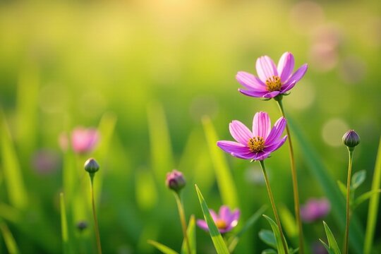 Thapsia villosa flowers blooming in a field of tall grasses, springtime blooms, meadow landscape