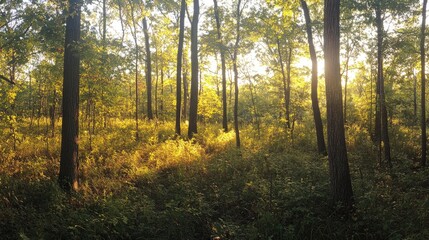 Naklejka premium A panoramic view of a golden-lit forest, with sunlight highlighting the tall trees and green underbrush