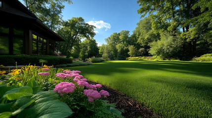 Fototapeta premium Blooming garden filled with vibrant flowers and lush greenery under a clear blue sky