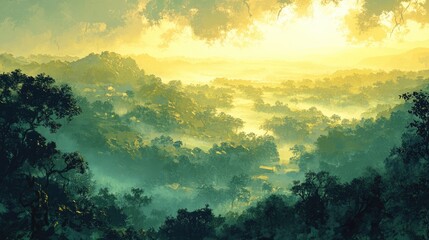 Fototapeta premium A panoramic view of a green woodland illuminated by golden rays, with mist rising softly in the distance