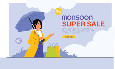 A vibrant and eye-catching illustration for a monsoon super sale, featuring dynamic rain elements, bold discount tags, and shopping icons, designed to attract attention for marketing campaigns.