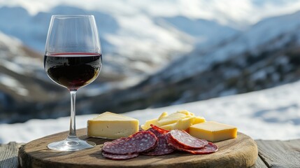 Red Wine Glass with Cheese and Salami on Wooden Plate Outdoors