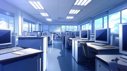 Sunlit modern computer lab with rows of desks and computers.