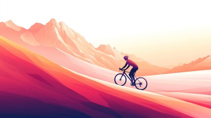 Obraz premium Cyclist riding downhill in a mountain landscape at sunset.