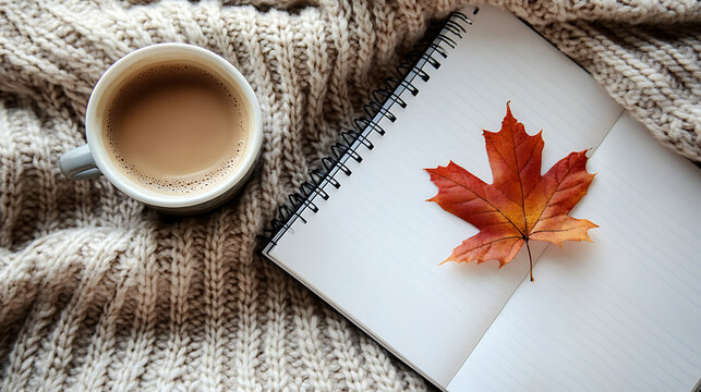 autumn leaves and notebook with a cup of tea