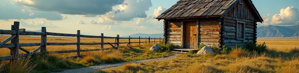 Fototapeta premium Weathered wooden cabin doors creak open slowly, landscape, gates, field