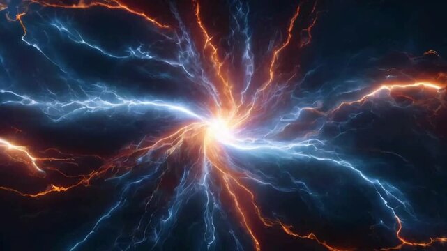 Abstract energy swirls with bright bursts of lightning emanating from the center, continuously feeding into a glowing electric sphere that pulses with power, 4k High-Quality background animation video