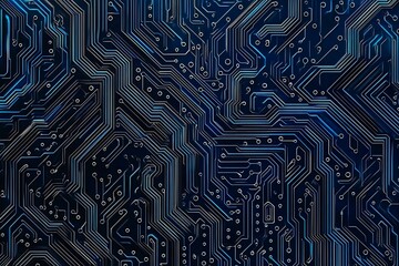 Abstract close-up of a glowing blue digital circuit board, showcasing intricate connections and technological design on a black background.
