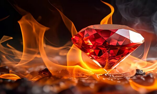 Shining red ruby gemstone surrounded by fire flames.