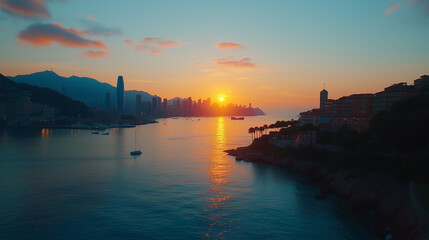 Obraz premium Bustling cityscape with reflective water at sunset in a vibrant urban setting