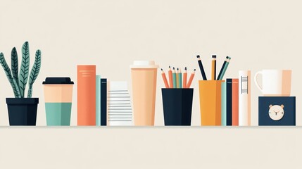 Obraz premium Office supplies, books, and plant on shelf.