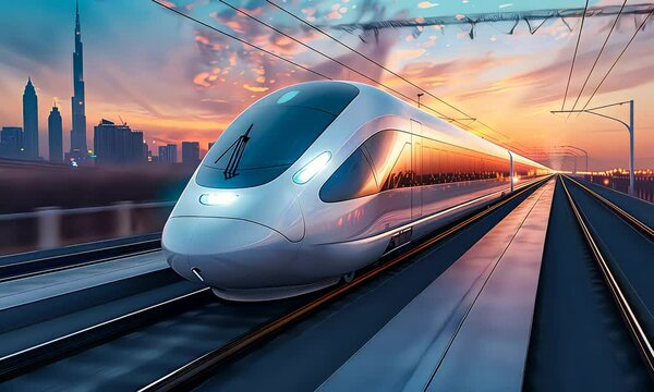 Modern high-speed train moving on railway at sunset.