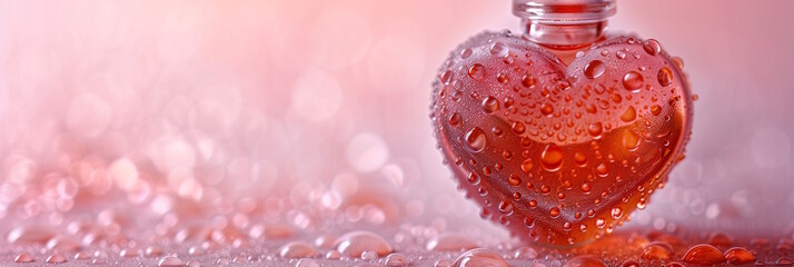 Fototapeta premium A transparent heart-shaped red glass bottle with water droplets placed against a soft pink bokeh background. Concept of passion, love, and Valentine's Day