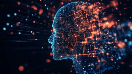 ai model with human face and head, data visulalization for Content Personalization with Machine Learning, neon colors