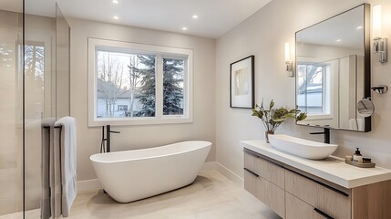 Modern bathroom a clean aesthetic minimalist decor and a freestanding tub