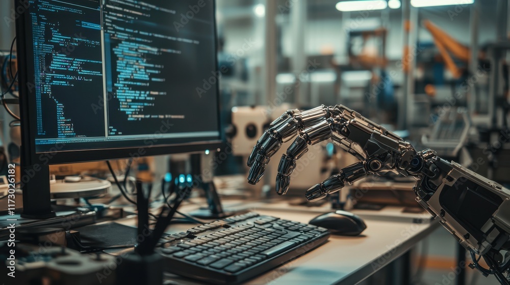 Poster robotic hand interacting with computer display in industrial setting