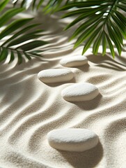 Obraz premium White stones path in wavy sand with palm leaves.