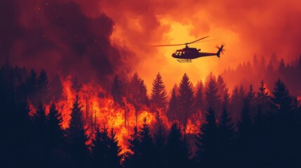 Fototapeta premium Helicopter fighting forest fire in nature. The burning flames are engulfing the trees