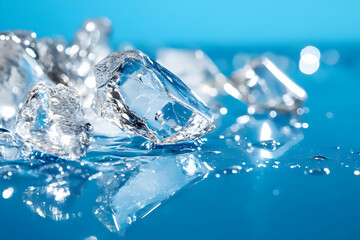 Sparkling ice cubes melting on a blue surface, perfect for refreshing drinks, summer advertising, or beverage promotions