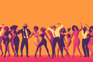 Illustration of a classic funk and soul dance scene, with people in retro clothing dancing energetically, minimal background with copy space