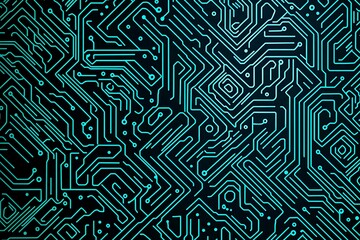 Abstract close-up of a glowing blue digital circuit board, showcasing intricate connections and technological design on a black background.
