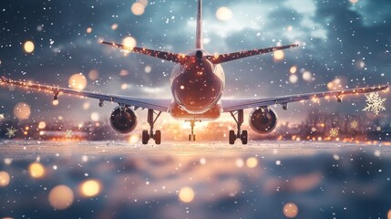 Naklejka premium Airplane on a snowy runway during a winter sunset.