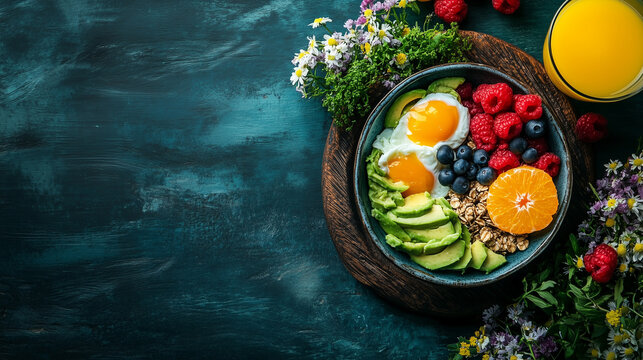 Enjoying a vibrant brunch spread with avocado toast and fresh fruits on a sunny morning