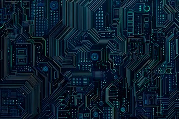 Abstract close-up of a glowing blue digital circuit board, showcasing intricate connections and technological design on a black background.
