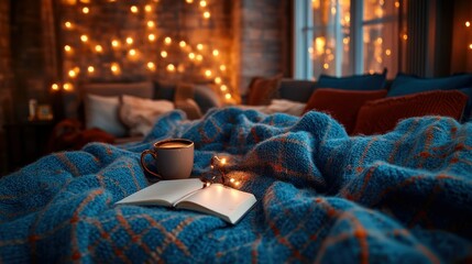 Obraz premium Cozy Winter Night: A Book, Coffee, and Warm Blanket by the Window