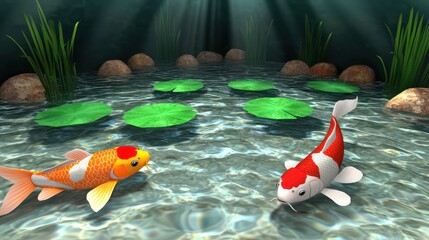 Underwater scene with koi fish and lily pads in a serene setting.