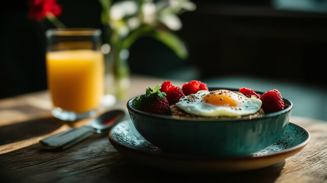 Brunch spread featuring avocado toast and fresh fruit in a cozy cafe setting