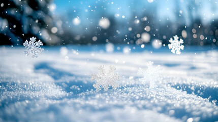 Winter wonderland snowflakes falling on snowy ground, blurred trees in background, perfect for winter holiday cards or seasonal advertising