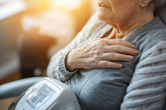 A person holding their chest with visible distress, sitting next to an oxygen concentrator, depicting COPD challenges, with copy space. Warm natural light.