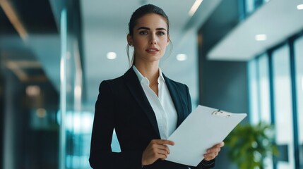 Fototapeta premium A confident businesswoman in professional attire, standing in a modern office, holding a document while presenting to her team